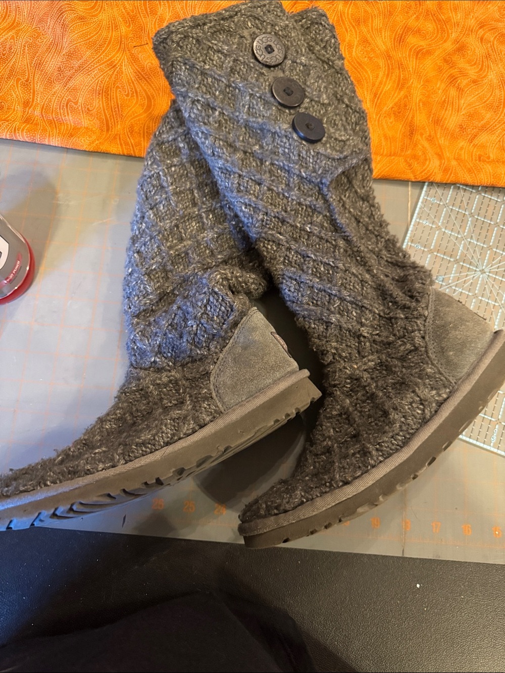 UGG Charcoal Knit Button Mid-Calf Heeled Boots